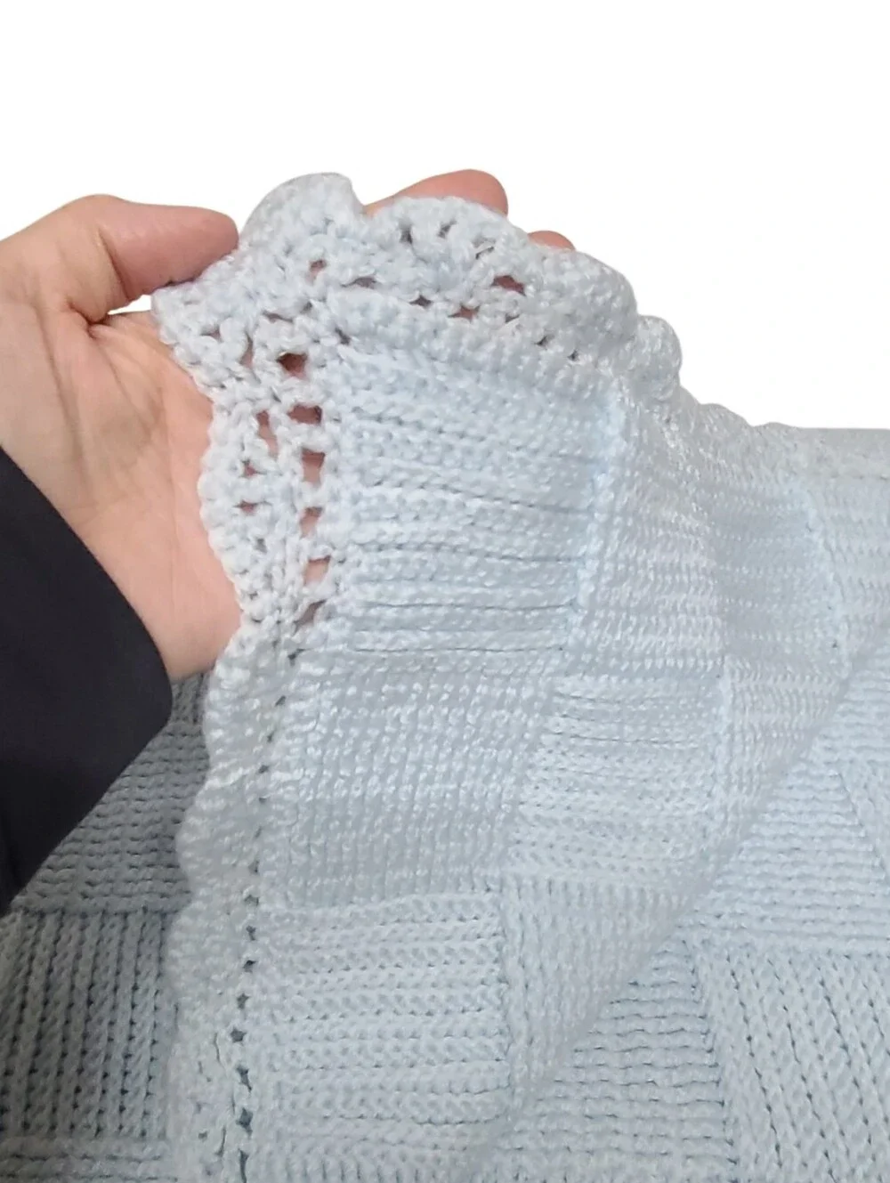 Knit Baby Blanket Light Blue Basketweave Scalloped Crochet Trim Handmade